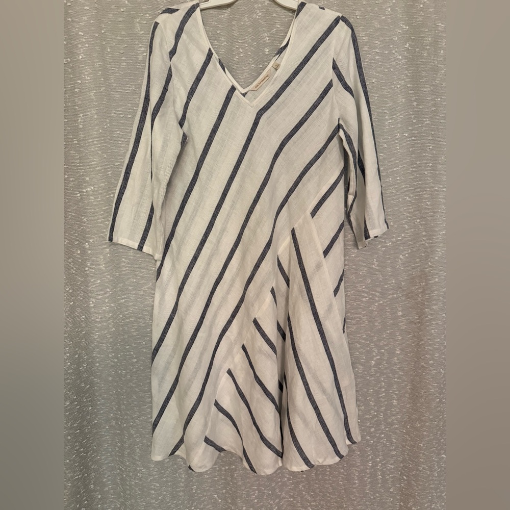 Soft Surroundings Women's Large‎ Blue and White Striped Linen Dress V Neck